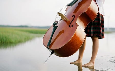 My only possession is music! - abstract, skirt, road, girl, musical, photo, photograph, music, viola, instrument, mud, barefoot