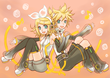 Len and Rin - anime, vocaloid, len kagamine, kagamine len, blonde hair, kagamine rin, headphones, twins, rin kagamine