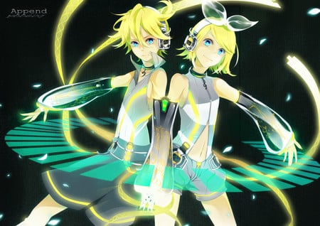 Rin and Len - kagamine rin, rin kagamine, blonde hair, twins, vocaloid, headphones, anime, len kagamine, kagamine len