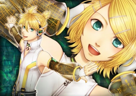 Rin and Len - kagamine rin, rin kagamine, blonde hair, twins, vocaloid, headphones, anime, len kagamine, kagamine len