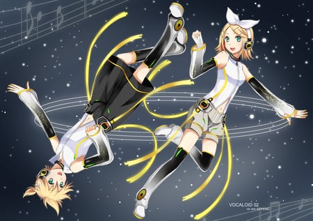 Rin and Len - kagamine rin, rin kagamine, blonde hair, twins, vocaloid, headphones, anime, len kagamine, kagamine len