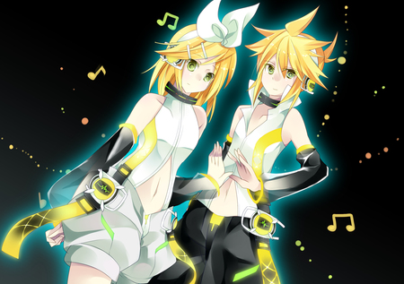 Len and Rin - anime, vocaloid, len kagamine, kagamine len, blonde hair, kagamine rin, headphones, twins, rin kagamine