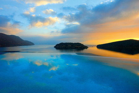 Infinity - infinity, yellow, blue, landscape, sunrise, reflection, sky, sun, clouds, oceans, water, beautiful, beauty, stones, popular, nature, background, rocks