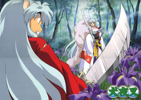 InuYasha and Sesshomaru - inuyasha, trees, tetsusaiga, duel, sword, long hair, white hair, male, flowers, sesshomaru, tenseiga, sword fight, brothers, demon