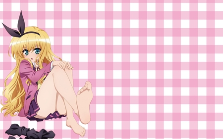 Isurugi Mio - pretty, isurugi mio, skirt, blonde hair, pink, long hair, school uniform, white, stockings, mm, pink backround, cute, bow, mio