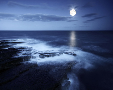 Evening in blue - calm, blue, night, ocean, sky, moonlight