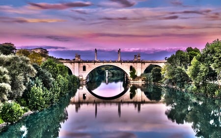 Sunset bridge - sky, sunset, nature, view, purple, pink, beautiful, green, bridge