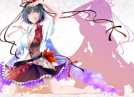 shameimaru aya - shameimaru aya, belt, touhou, skirt, blue hair, spider web