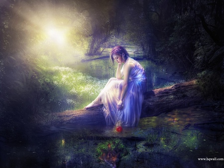 still waiting - river, fox, girl, beauty, forest, light, wallpaper