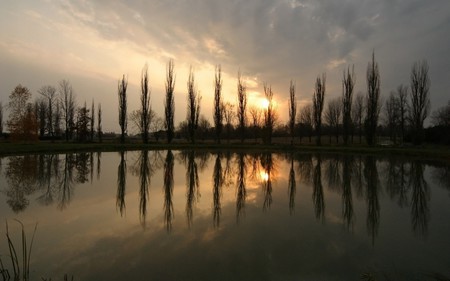 awesome sky - water, dark, sun, lake, sky, bright, trees, sunset, nature