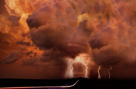 full force - storm, clouds, lightening, nature, orange, cloudy, dark, sky