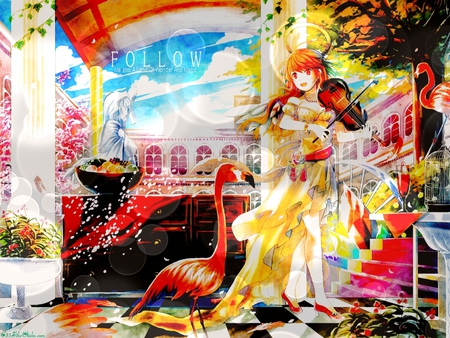 Follow - cute, beautiful, hot, anime girl, girl, scenery, flamingo, music instrument, scenic, colorful, cloud, animal, pretty, bird, beauty, sweet, anime, porch, viola, dress, sky, multicolor, building, sexy, scene, female, house, color