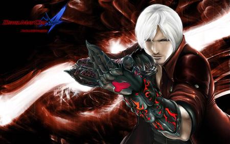 Devil May Cry 4 - red jacket, dmc, dante, anime, gauntlets, white hair, black, devil may cry, video games, devil may cry 4