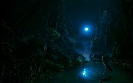 Night_scene_in_the_moonlight - rock, lake, tree, moonlight