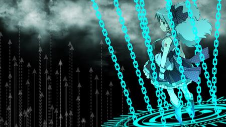 Hatsune Miku - aqua, circle, music, anime girl, white, art, cool, digital art, aqua eyes, artistic, hatsune miku, song, teal, vocaloids, chains, program, vocaloid, beautiful, diva, dress, nice, beauty, twintail, singer, aqua hair, black, virtual, pretty, idol, clouds, green, anime, white cloud, miku, cute, arrow, rays, girl, hatsune, digital, awesome