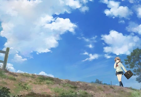 Walking Home - hill, clouds, anime, walking, school bag, girl, grass, fence, home, tree, school uniform, sky