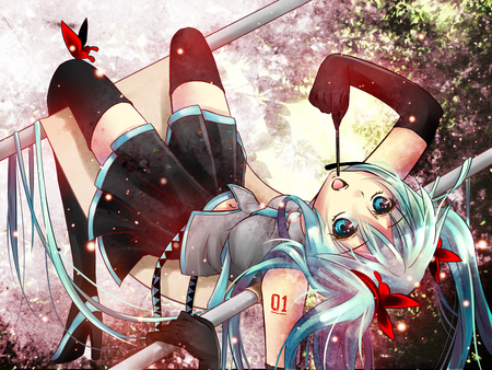 Hanging Around - waiting, hatsune, miku, miku hatsune, ground, vocaloid, anime, around, butterfly, hanging, poles