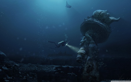 Underwater Ruins - water, funny, underwater, ruin, hd, liberty, 3d, 2560x1600, blue, aquatic