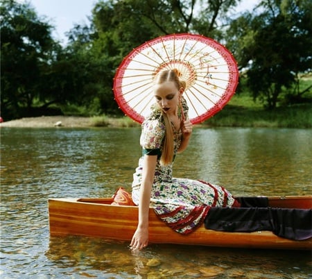 Messin' About - trees, female, water, people, beautiful, boat, fashion, umbrella, model