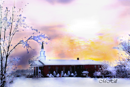 Snow Covered Church - winter, sunset, photography, painting, cold, snow, colors, church