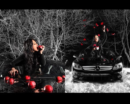 Black magic - pedals, girl, magic, bite, black, mercedes, forest, car, red, snow, tree, photo, apple, photograph