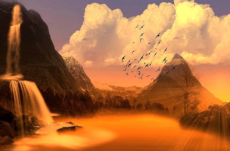 Morning wings - golden morning, birds in flight, clouds, mountains, waterfall, peaks