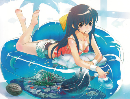 sofa aquarium - girl, cute, aquarium, anime