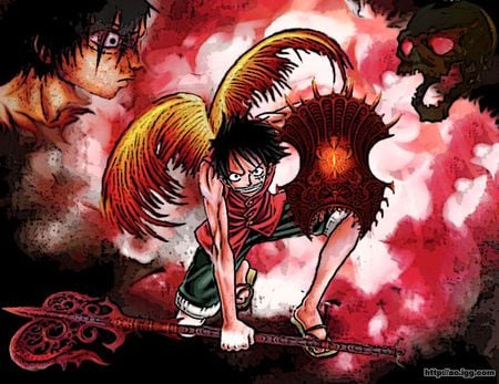 Kafs fury - luffy, red, wings, cloud, axe, flame, shield, skull