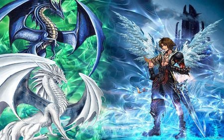 the brave SIL - ice, blue dragon, white dragon, warrior, winter, wings, cg, snow, dragon, green, sword