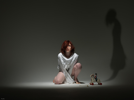 Strait-Jacket - fantasy, female, people, red-head, model, shadow, toy, dark