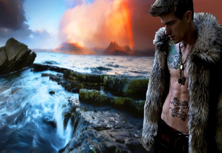 rainbow end world - male, rainbow, tatoos, model, sea, rocks, sky