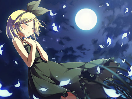 power of the moonlight - closedeyes, shorthair, wind, hirband, dark, petals, anime, hopeful, cute, little, moon, girl, sad, scared, tear, night, power, handsonheart, blush, greendress, blonde