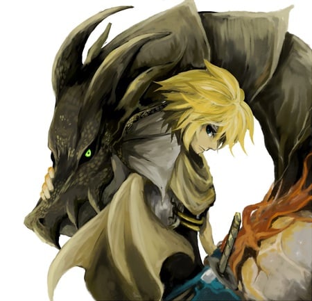 Friends - warrior, bahamut lagoon, dragon, friends, cape, sword, yellow hair, fantasy