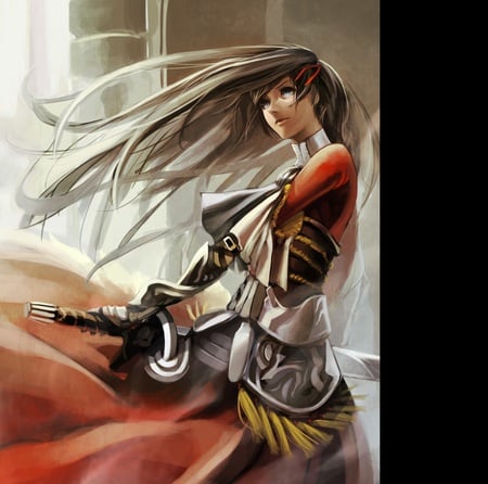 The Wait - woman, girl, long hair, fantasy, wind, pretty, beautiful, anime, sword, hako, cute