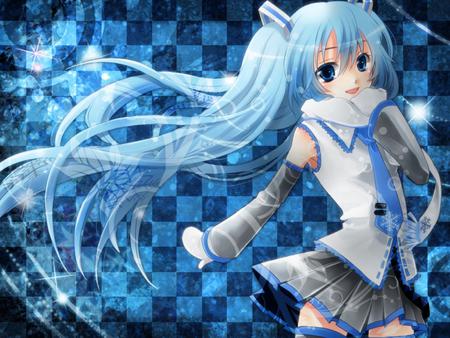 Yuki Miku - aqua, hot, thighhighs, music, white, cool, cold, checkered, hatsune miku, sexy, skirt, light, song, teal, snowflakes, vocaloids, mittons, glow, program, yuki miku, vocaloid, beautiful, snow, uniform, diva, beauty, nice, twintail, singer, black, virtual, pretty, idol, anime, miku, cute, stars, girl, winter, shiny, hatsune, yuki, blue, tie, awesome