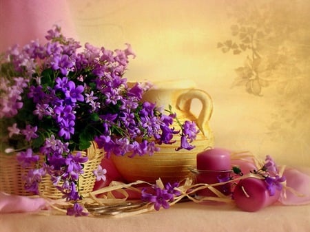 Enchantment - flowers, pitcher, purple flowers, scissors, candles, still life, wicker basket