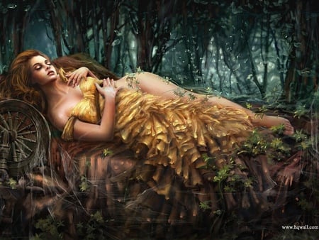 dreaming - beauty, bed, girl, forest, wallpaper, fantasy