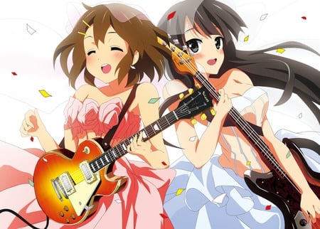 Friends Having Fun - pretty, gutair, dress, bass, girl, brown hair, long hair, females, akiyama mio, k-on, short hair, black hair, cute, friends, hirasawa yui