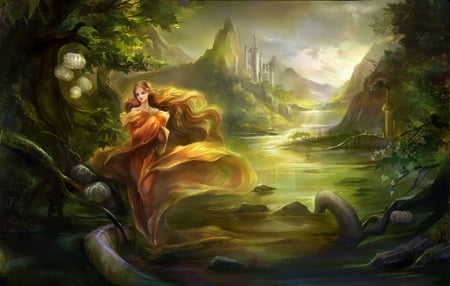 THE CASTLE - trees, fantasy, female, water, mountains, castle