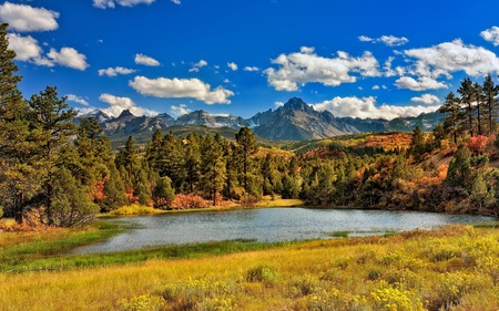 Landscape - beauty, sky, trees, peaceful, water, colorful, mountains, view, clouds, sunny, grass, lake, landscape, lovely, nature, beautiful, blue, colors