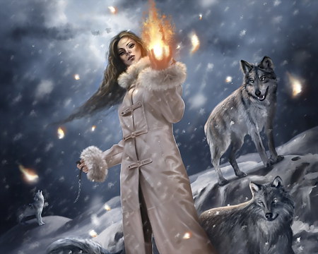 girl with wolfs - fantasy, fire, wolfs, girl, night, wallpaper