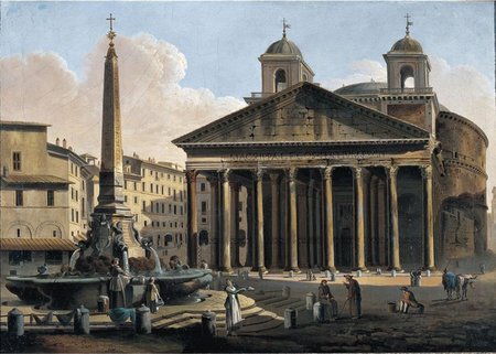 Pantheon Rome - sky, people, dome, pillars, ancient, fountain