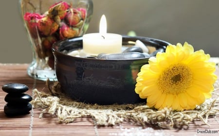 still life - flowers, nature, yellow, candle, flower, stones, theraphy, glass