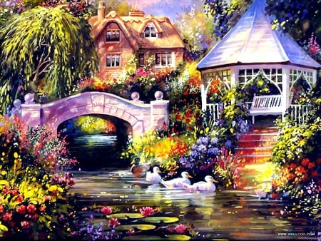 Cottage Charm - cottage, trees, water, colorful, bench, gazebo, creative pre-made, painting, river, beautiful nature, architecture, garden, pond, bridge, bridges, jim mitchell, attractions in dreams, houses, swans, draw and paint, colorful flowers, stunning, lotus, charm, pavilion, love four seasons, ducks, beautiful, colors, flowers