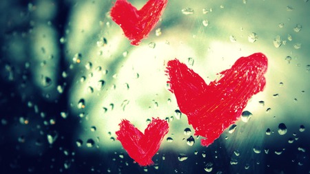 Lovely heart shapes - shapes, glass, heart, rain, tinted, lovely, red, green, drops, crimson