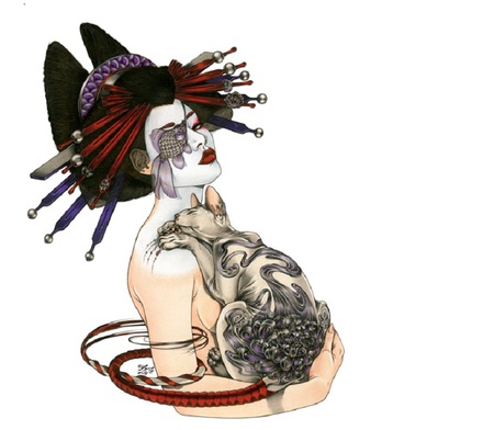 Geisha with Tattooed Cat - tattoo, geisha, abstract, cat, artwork, feline, oriental, fantasy