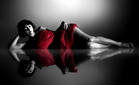 Red Dress - nice, woman, girl, female, photography, black, model, grey, pretty, reflection, red, beautiful, dress