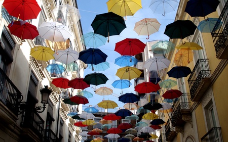 Colorful Sky - nice, sky, photography, colorful, buildings, black, nature, white, yellow, red, blue, umbrella, beautiful, architecture