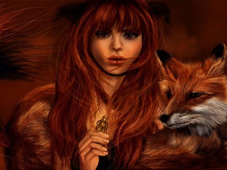 Foxy - fox, beauty, girl, wallpaper, fantasy