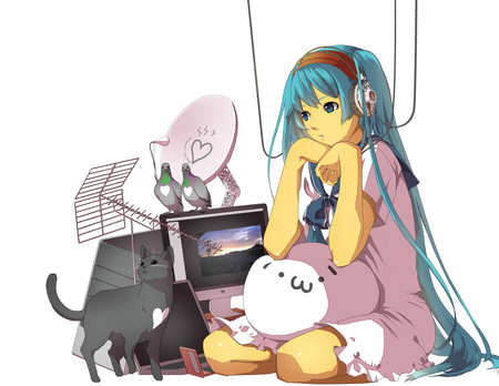 Hatsune Miku - pretty, headphones, pillow, nice, program, neko, beauty, virtual, white, cute, song, vocaloid, anime, twintail, dress, hatsune miku, microphone, music, aqua, tv, idol, anime girl, beautiful, singer, girl, cool, cat, white dress, miku, awesome, diva, digital, hatsune, vocaloids, headset